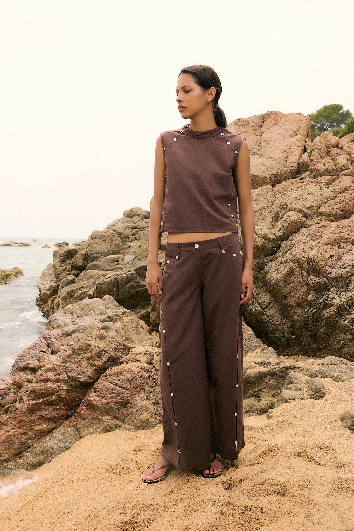 Pantalon Boutons Nacre Marron