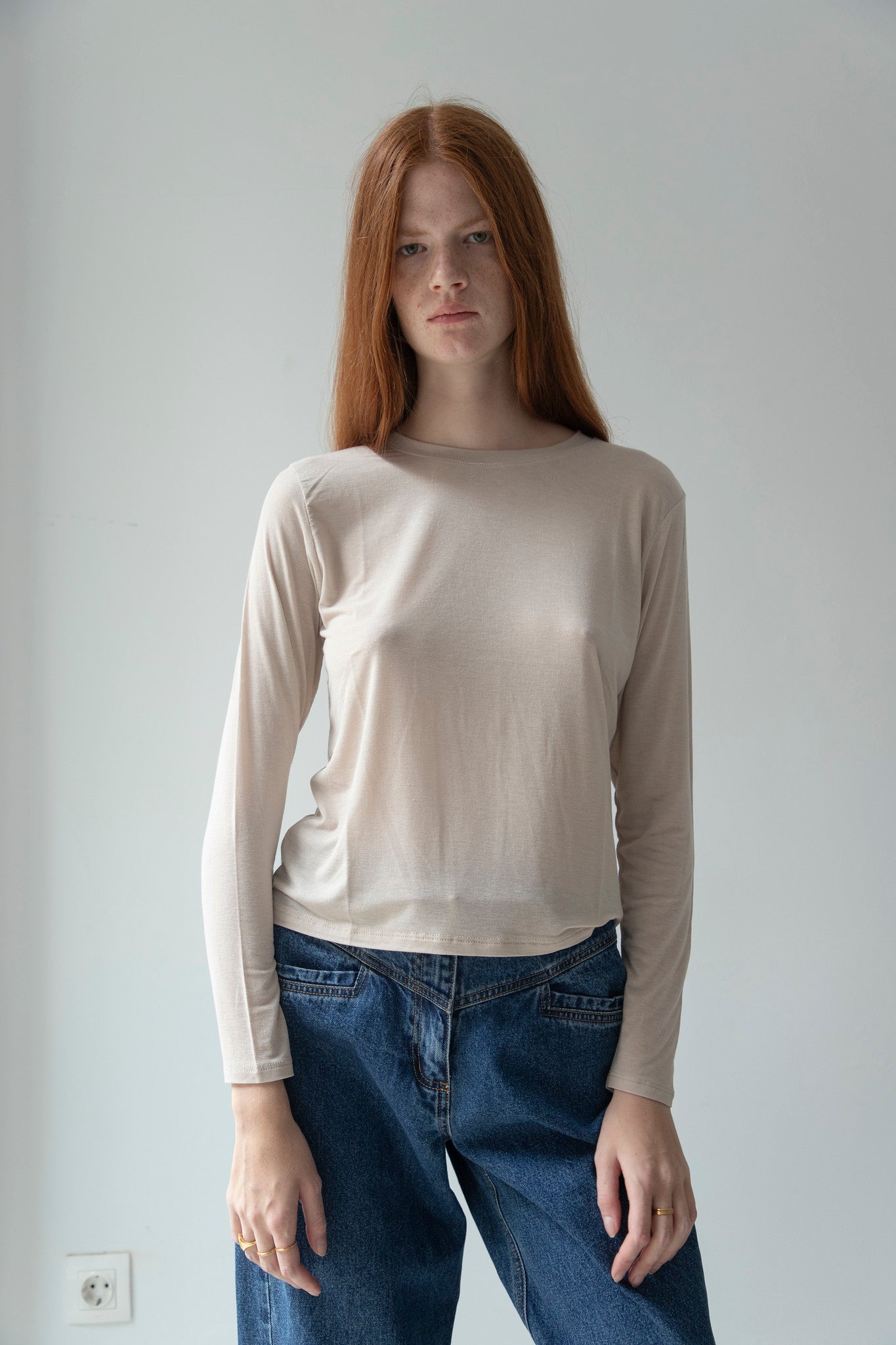 Beige Long Sleeve Cashmere T-shirt