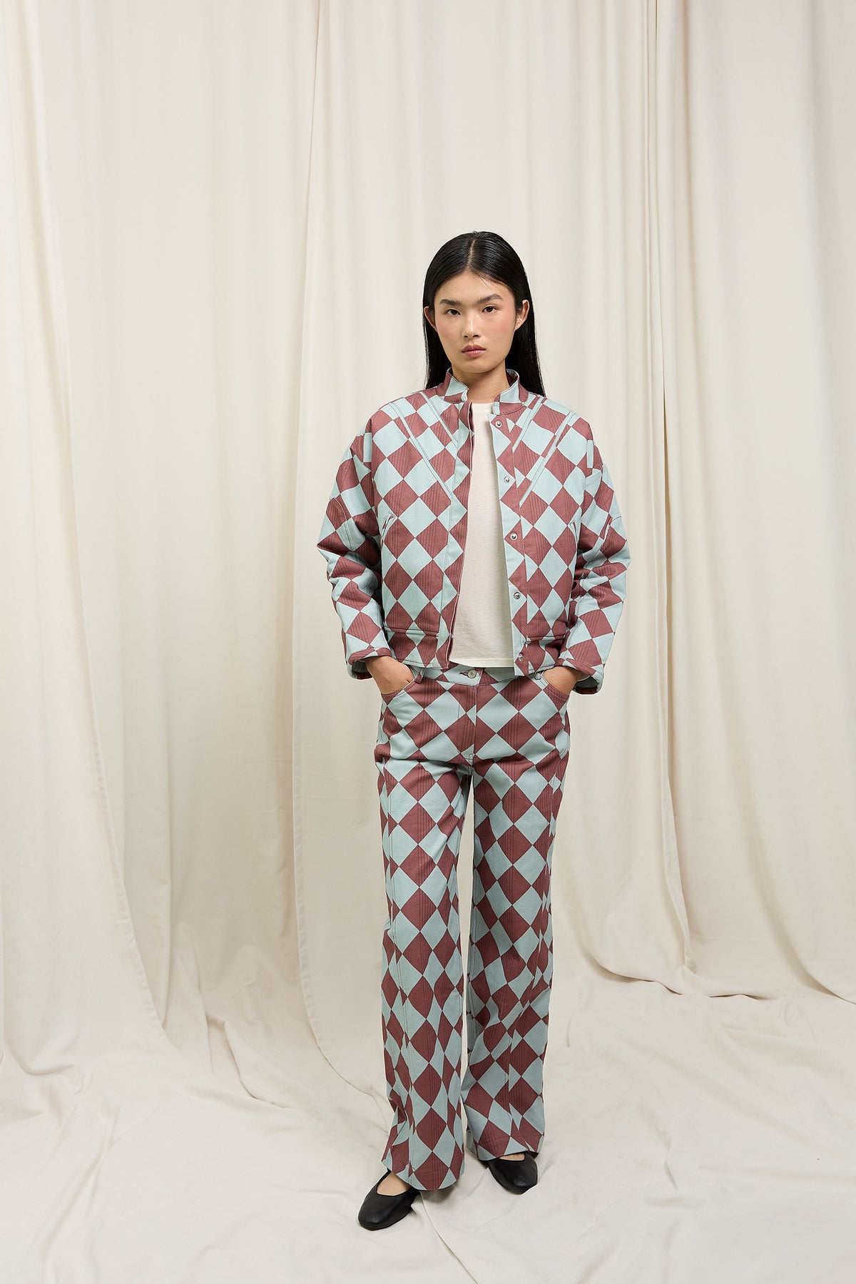 Straight-Leg Trousers Blue Diamond Print