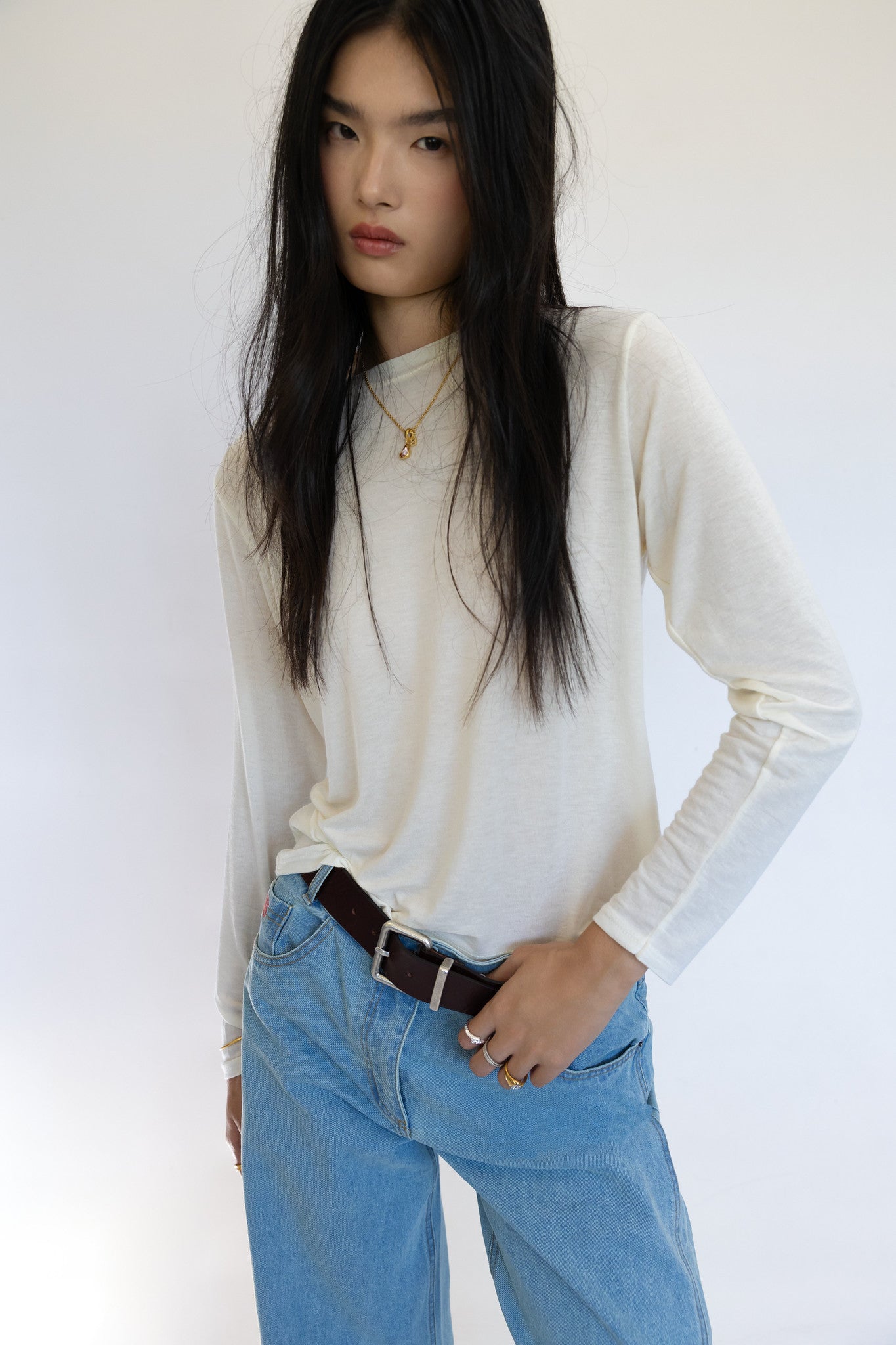 Cream Long Sleeve Cashmere T-Shirt