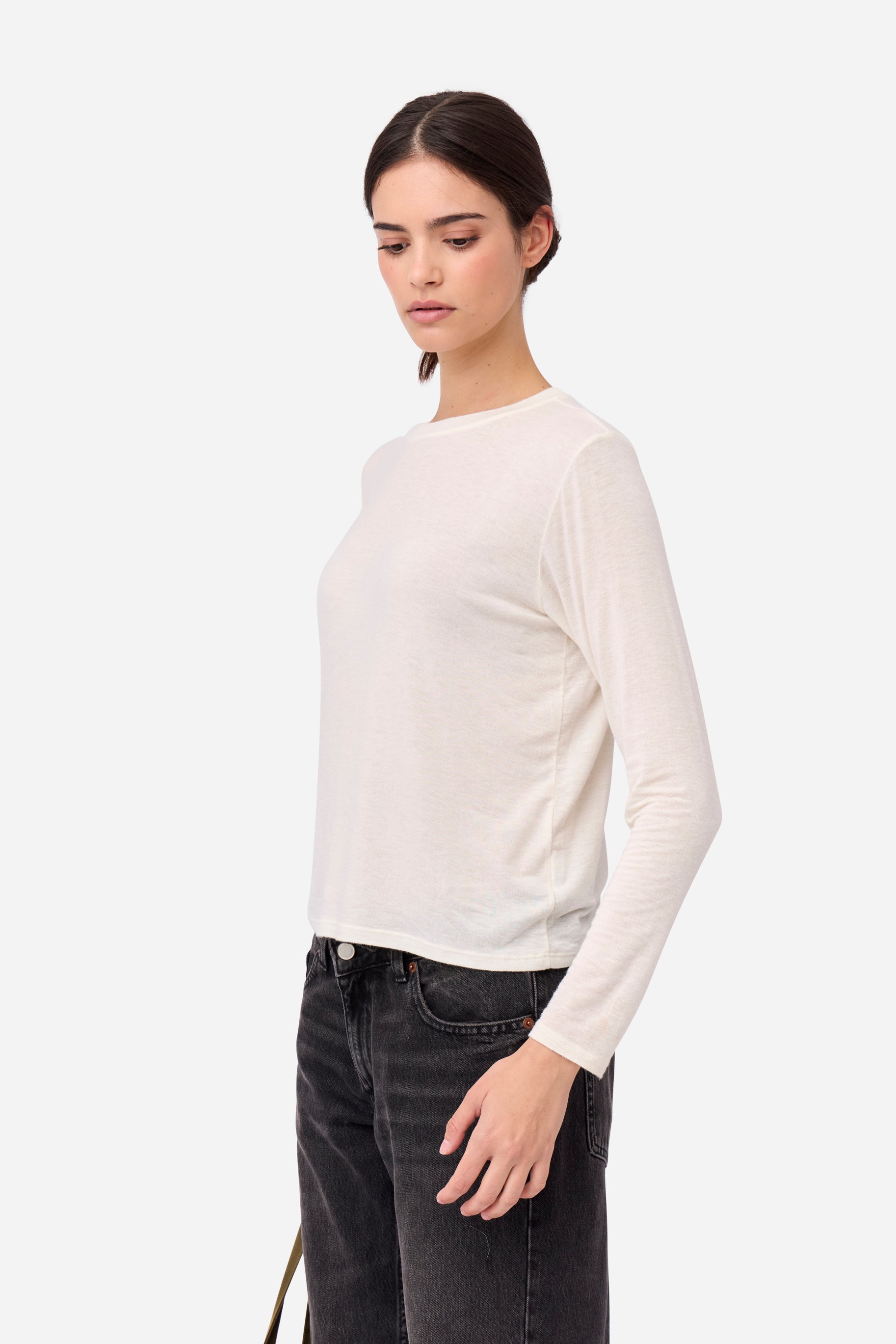 Cream Long Sleeve Cashmere T-Shirt
