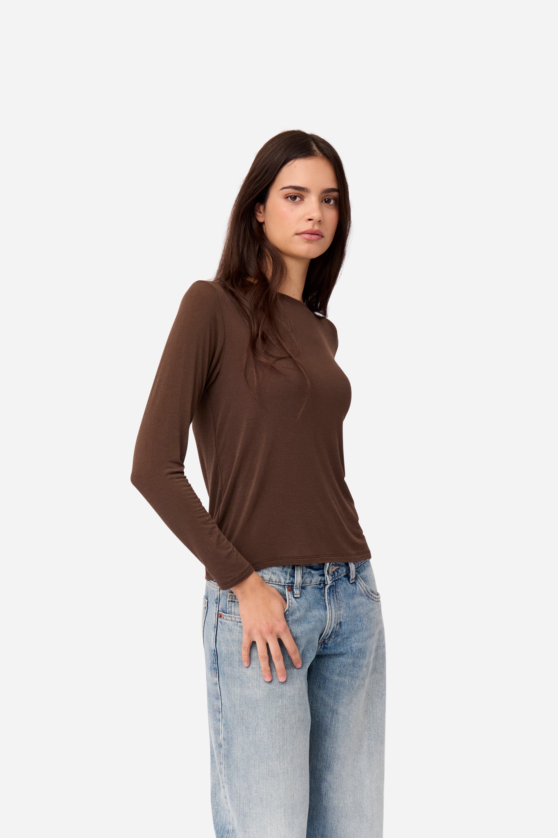 Brown Long Sleeve Cashmere T-shirt