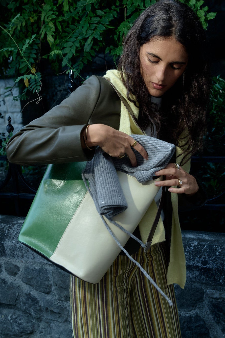 Ecru and Green Bucket Bag