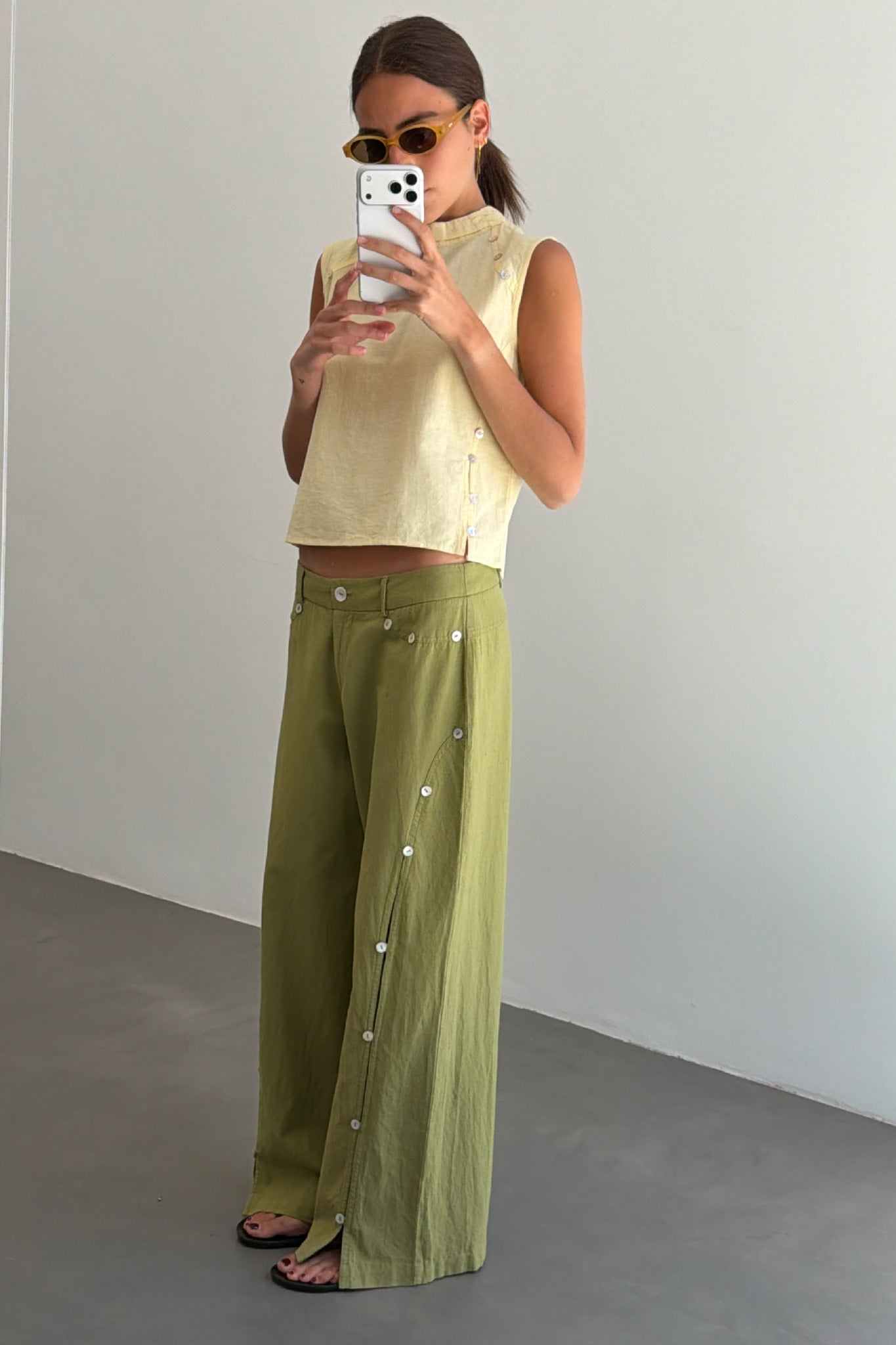 Pantalon Boutons Nacre Vert