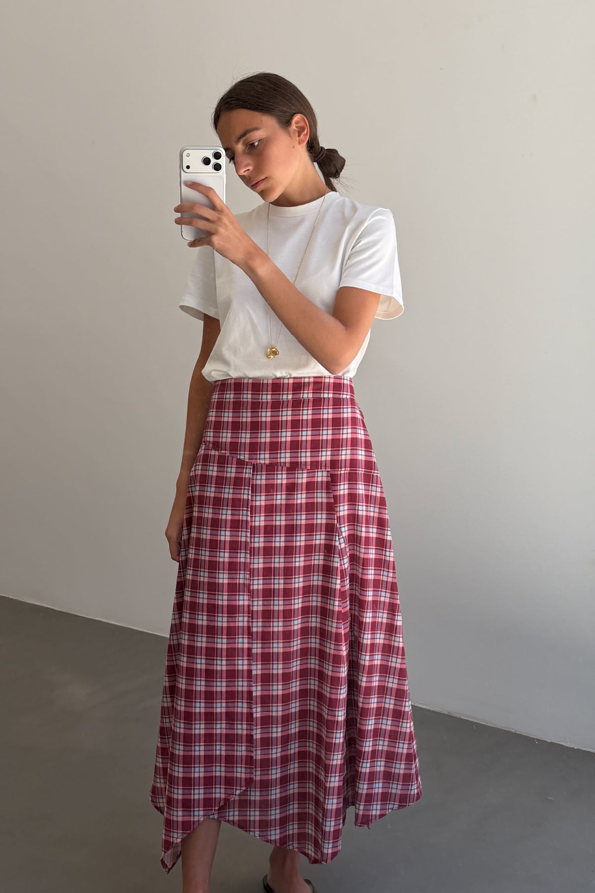 Burgundy and Pink Check Asymmetric Skirt