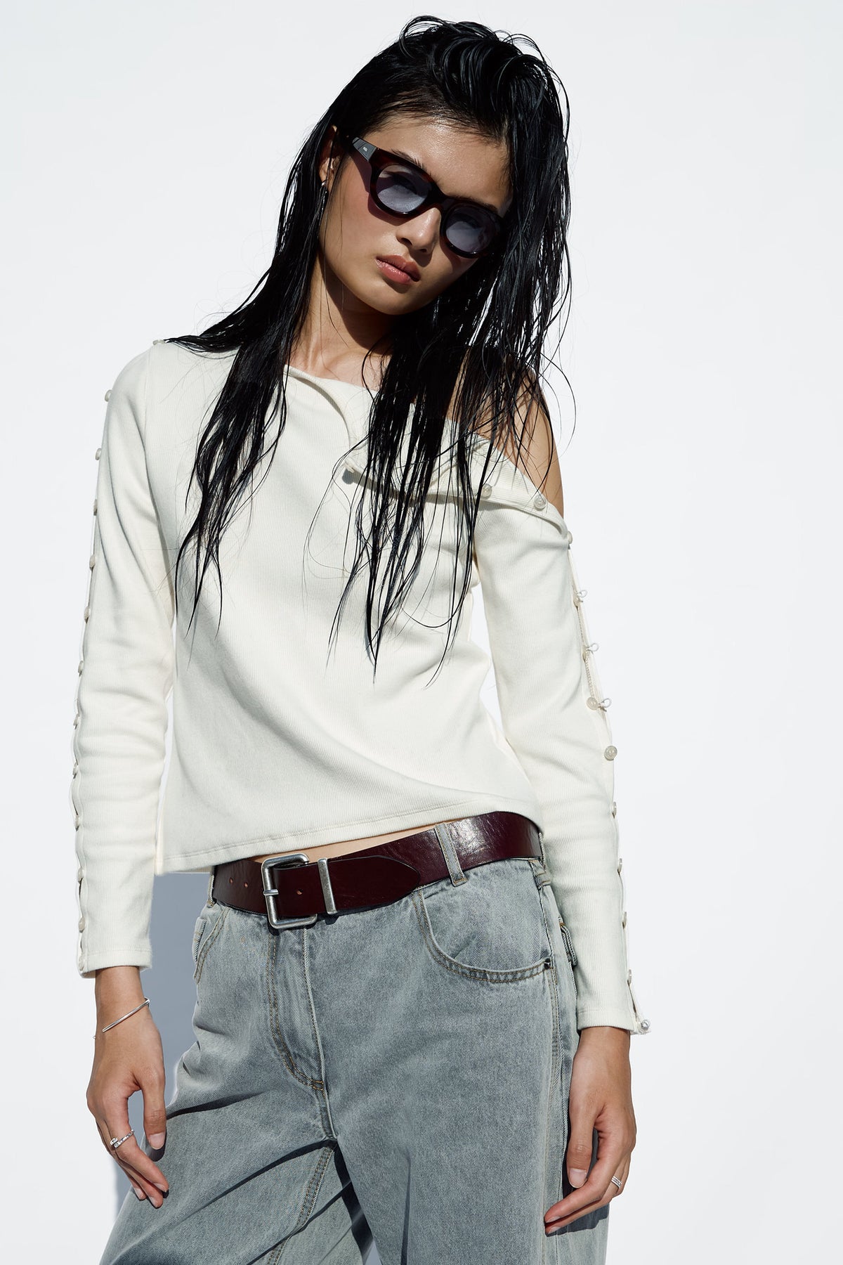 White Button-Sleeve Top