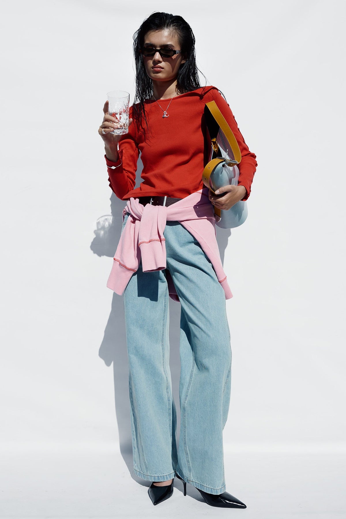 Red Button-Sleeve Top
