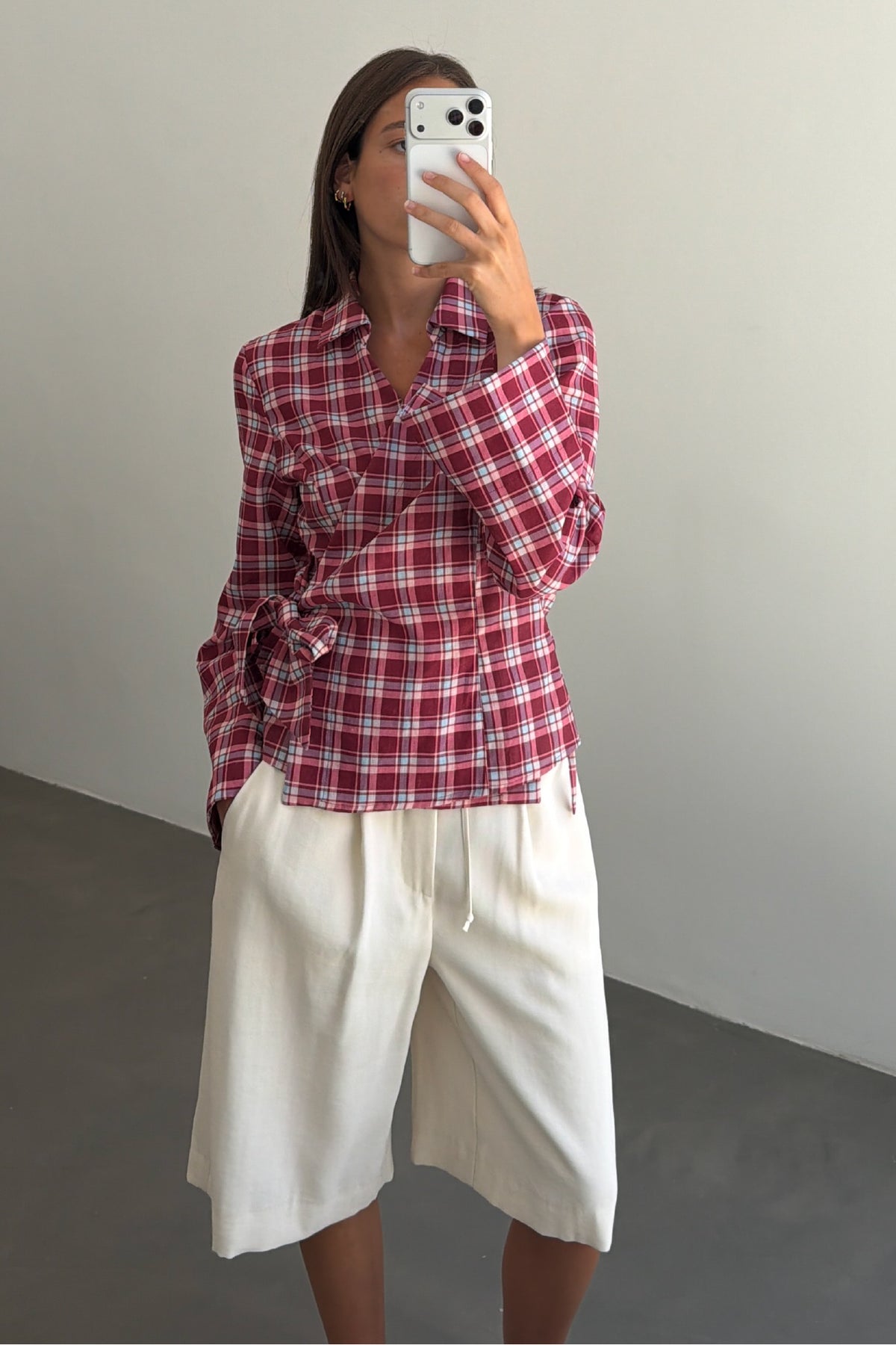 Burgundy and Pink Check Tie Blouse