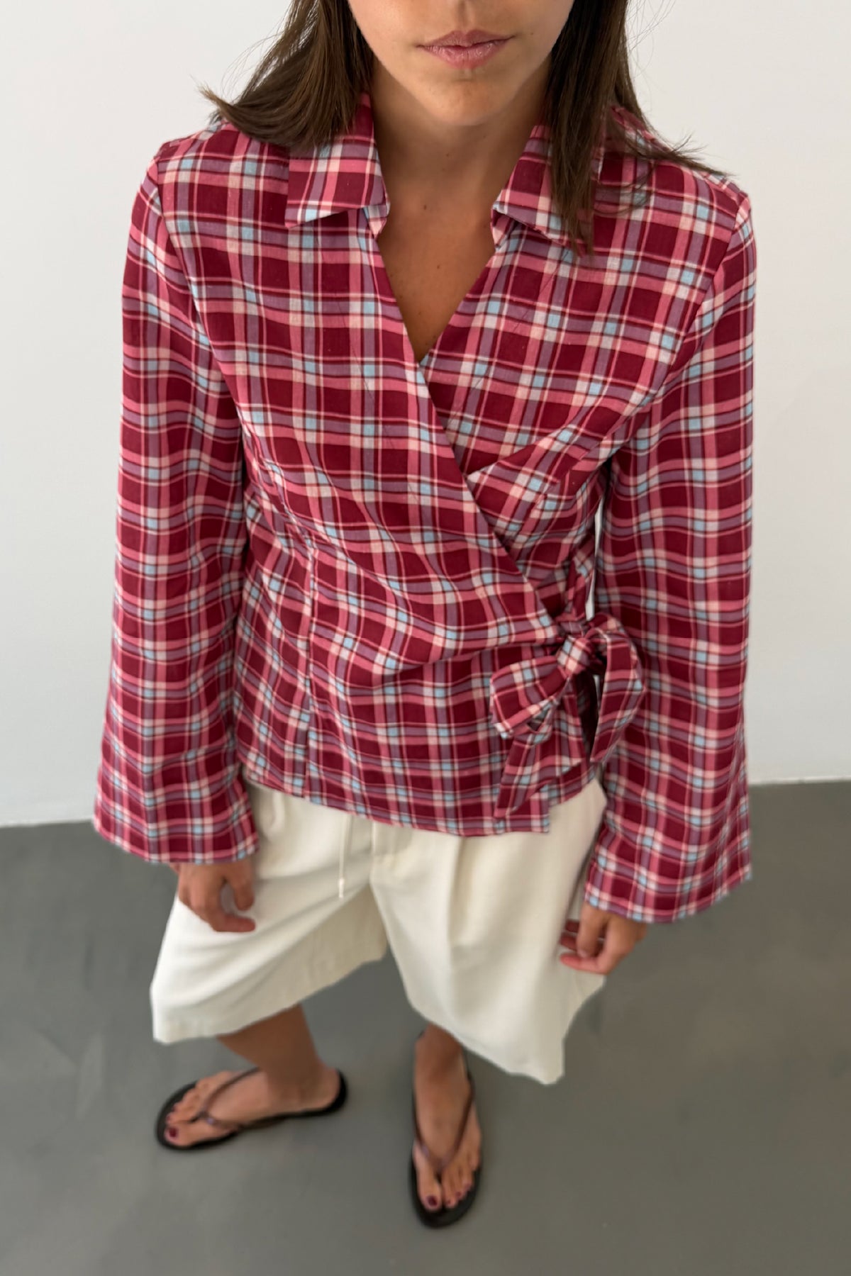 Burgundy and Pink Check Tie Blouse