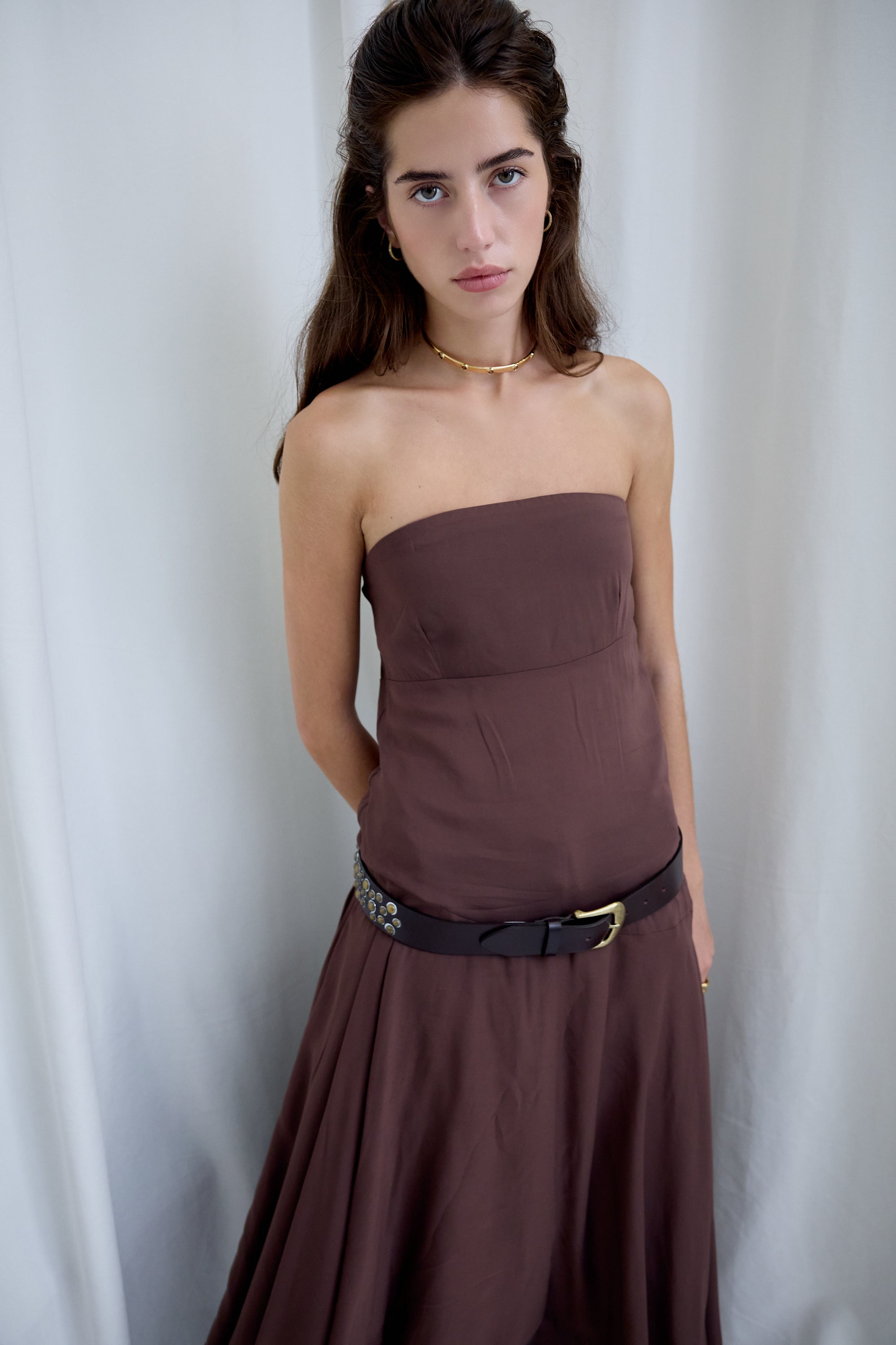 Vestido Palabra de Honor Marrón