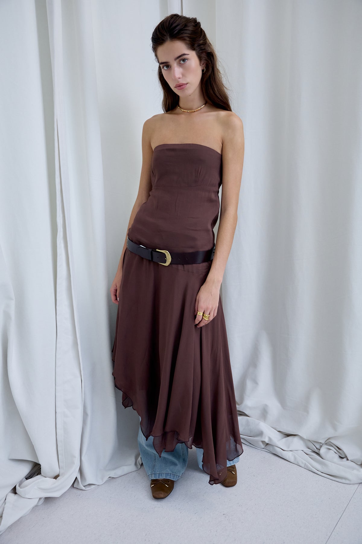 Vestido Palabra de Honor Marrón