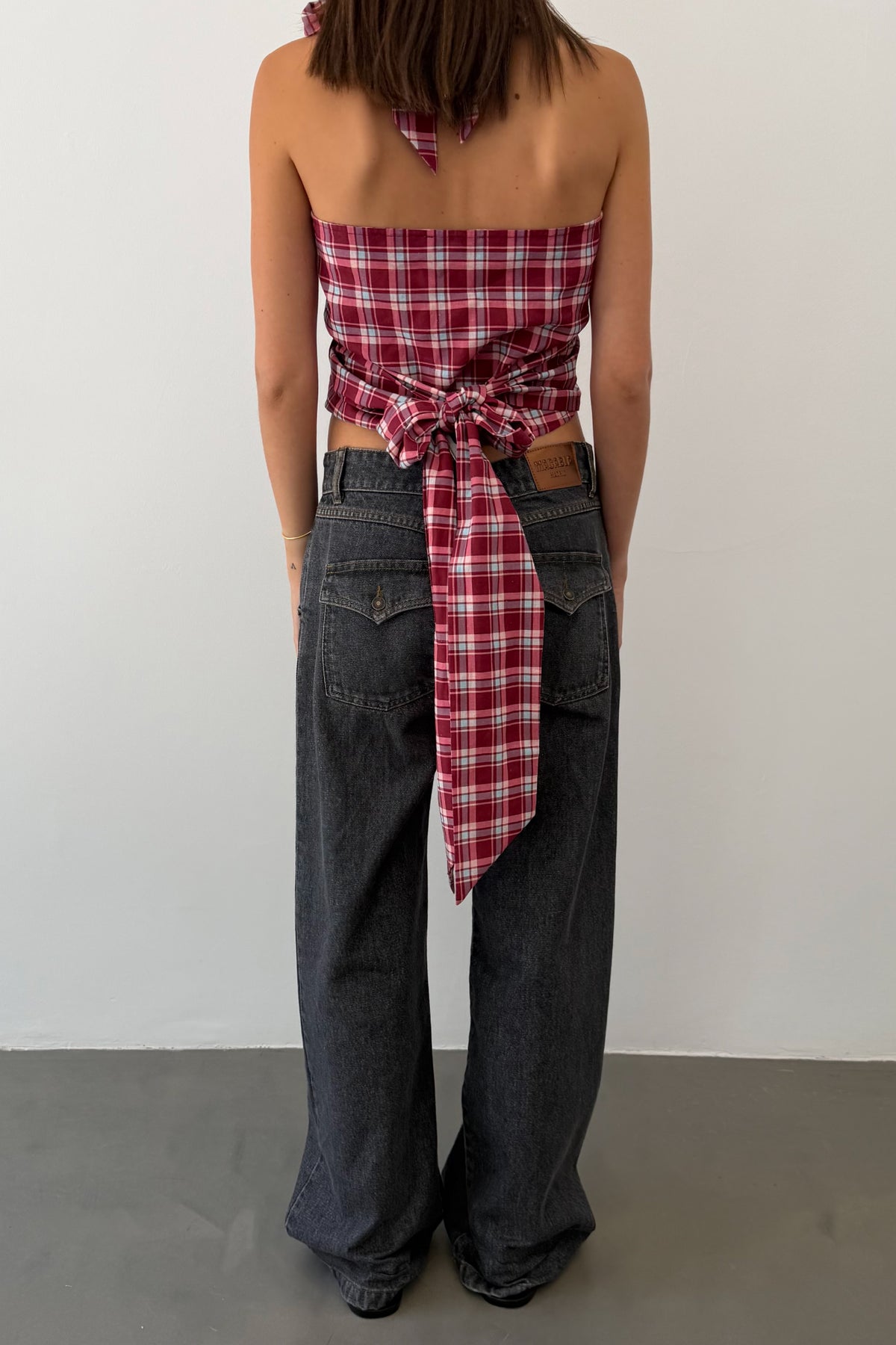 Burgundy and Pink Check Halter Top