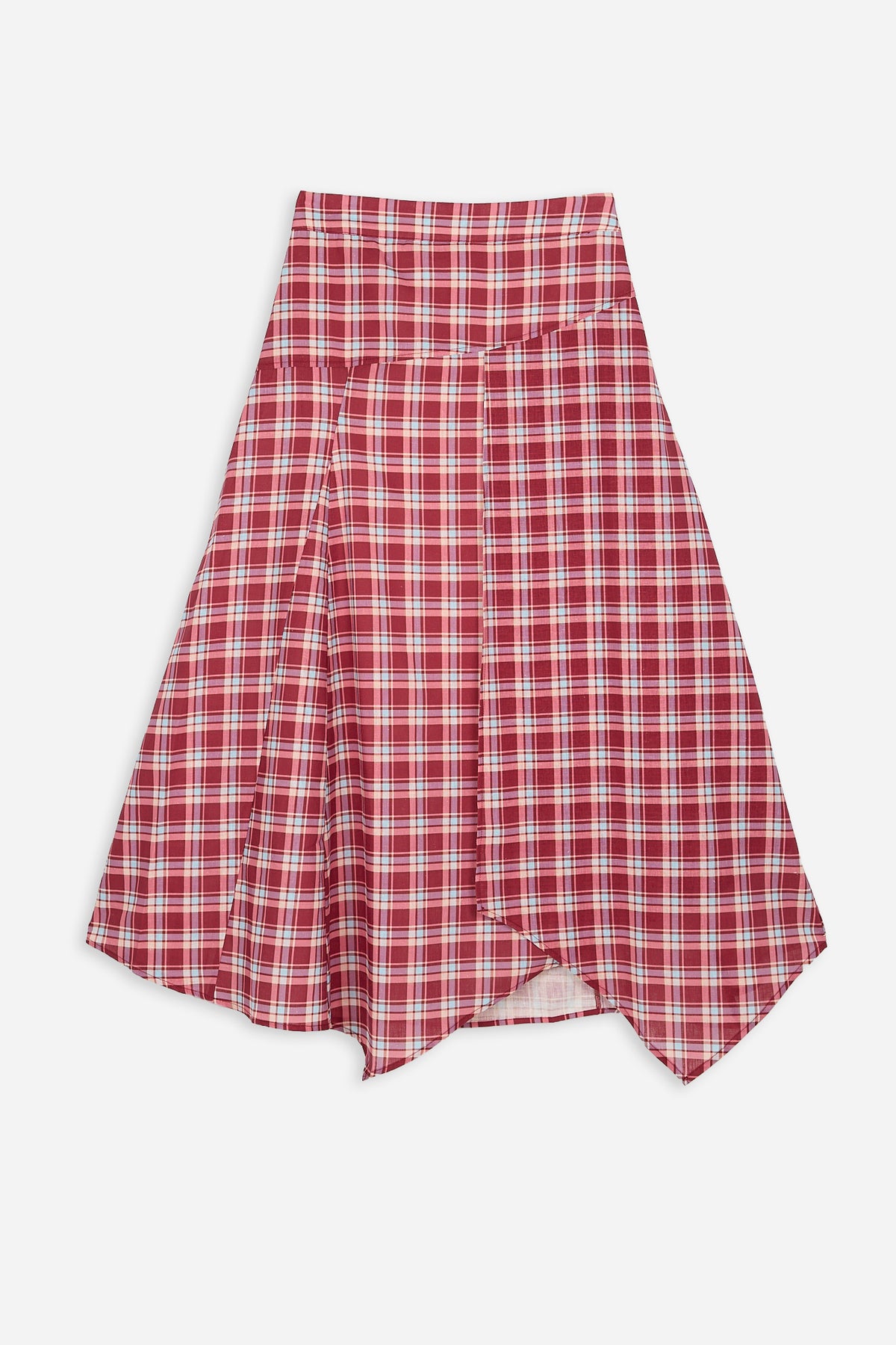 Burgundy and Pink Check Asymmetric Skirt