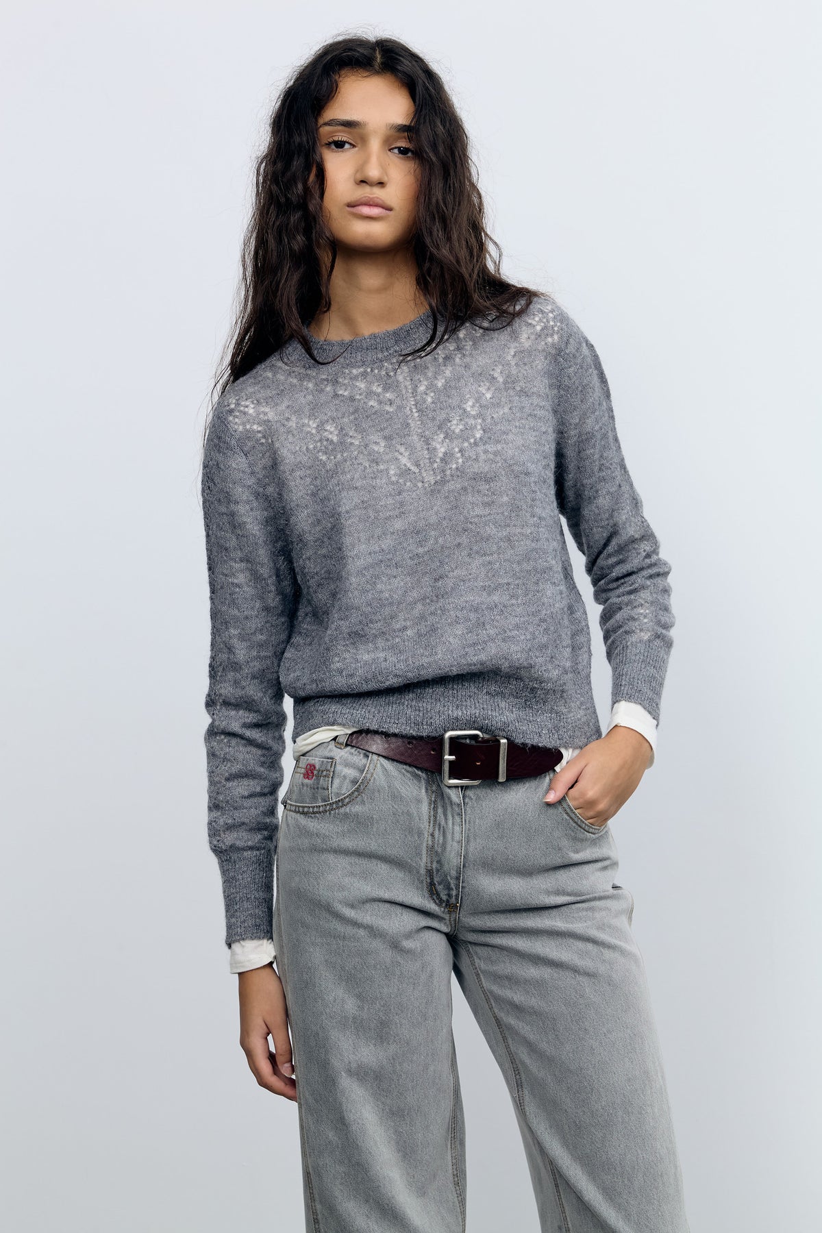 Grey Pointelle Knit Sweater
