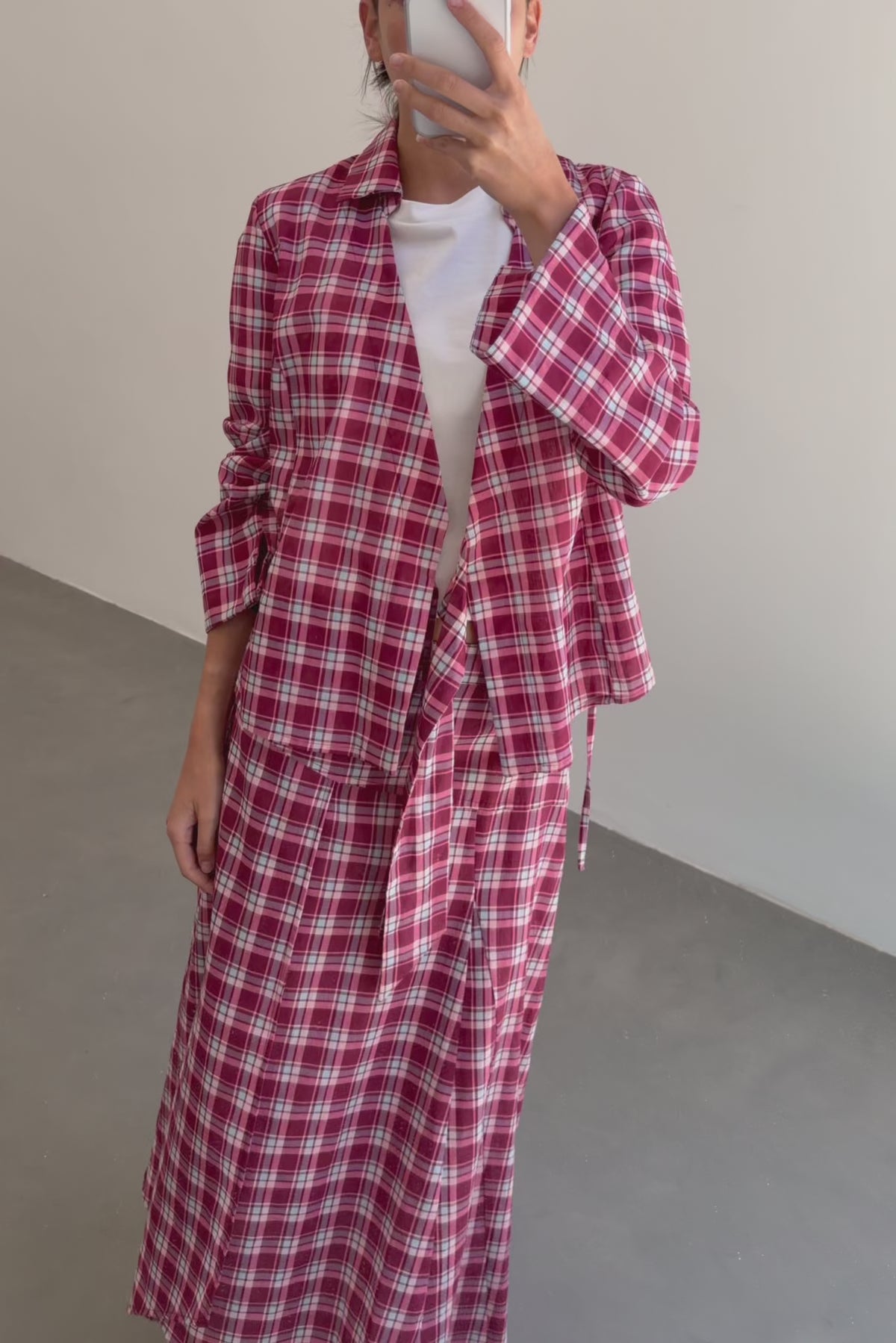 Burgundy and Pink Check Asymmetric Skirt