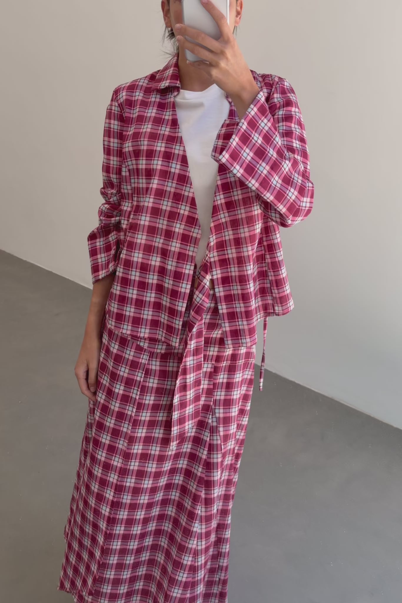 Burgundy and Pink Check Asymmetric Skirt