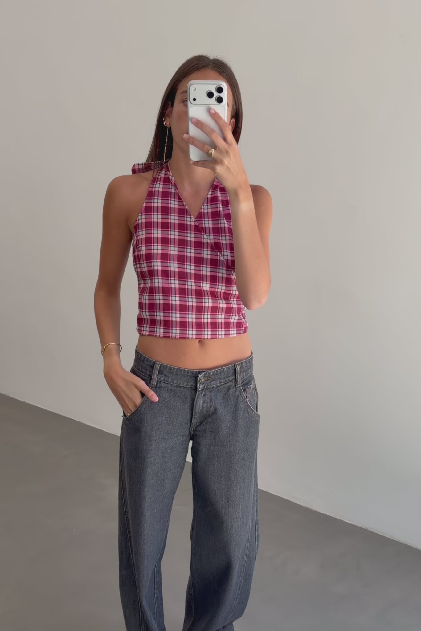 Top Halter Cuadros Granate y Rosa