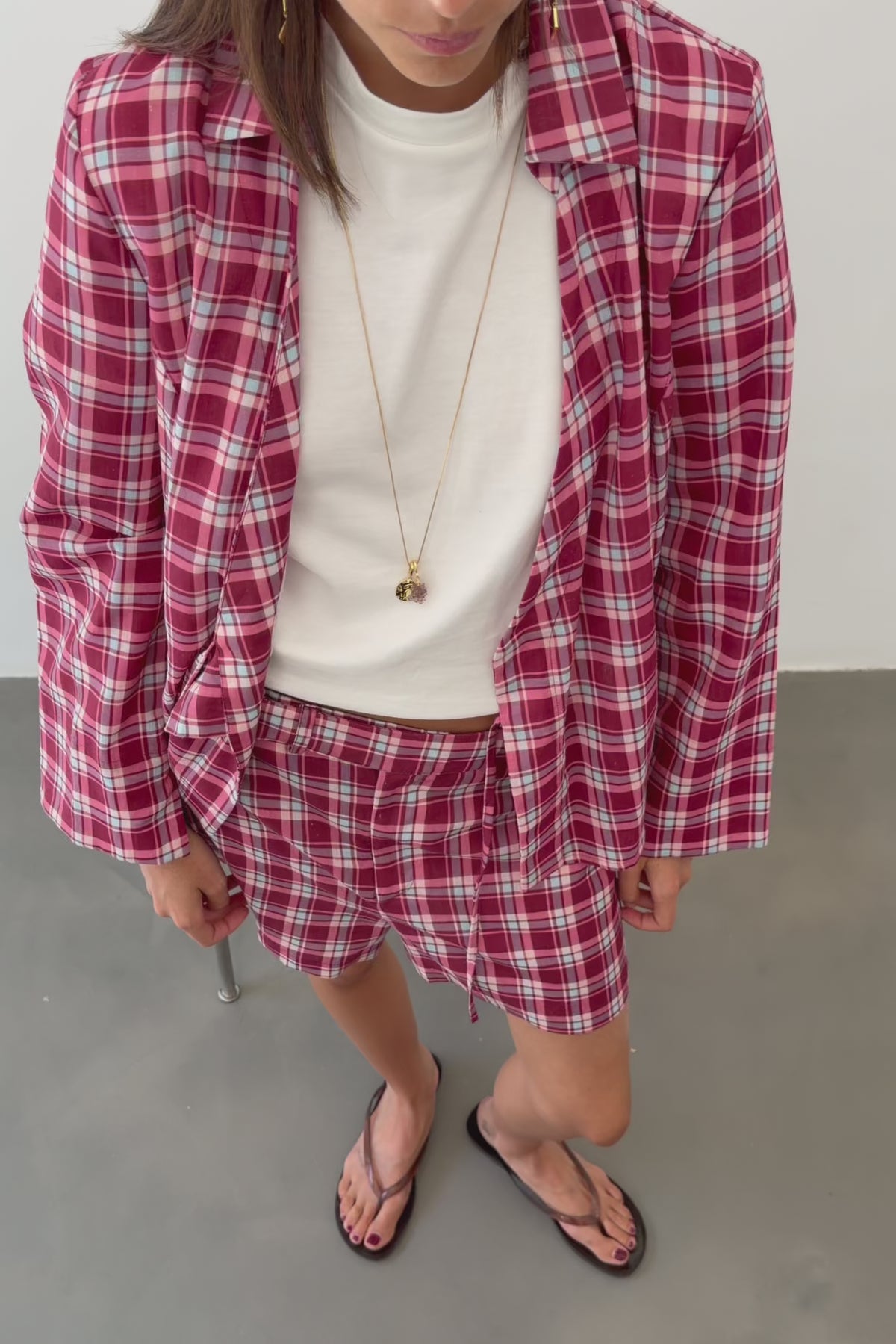 Burgundy and Pink Check Tie Blouse