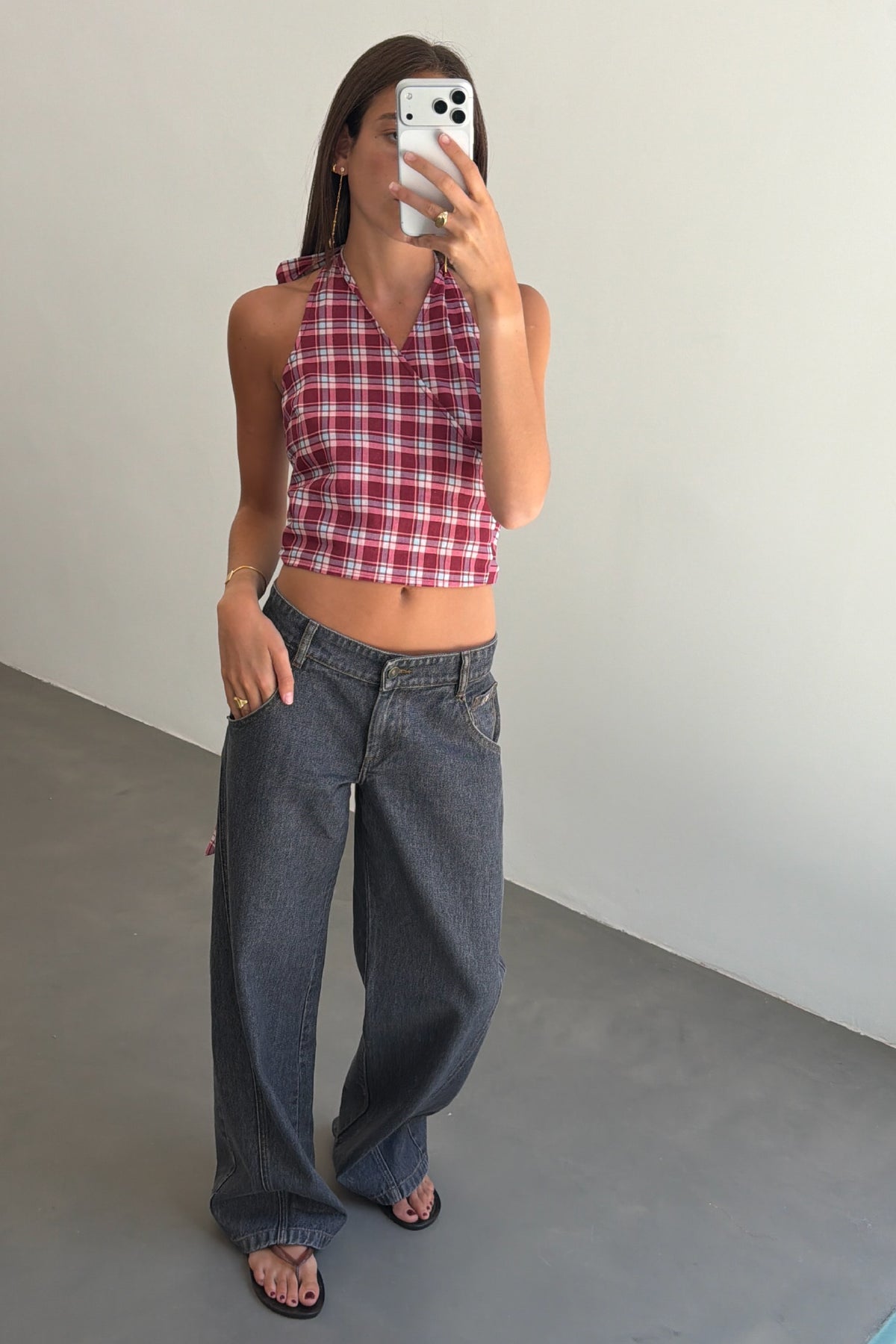Burgundy and Pink Check Halter Top