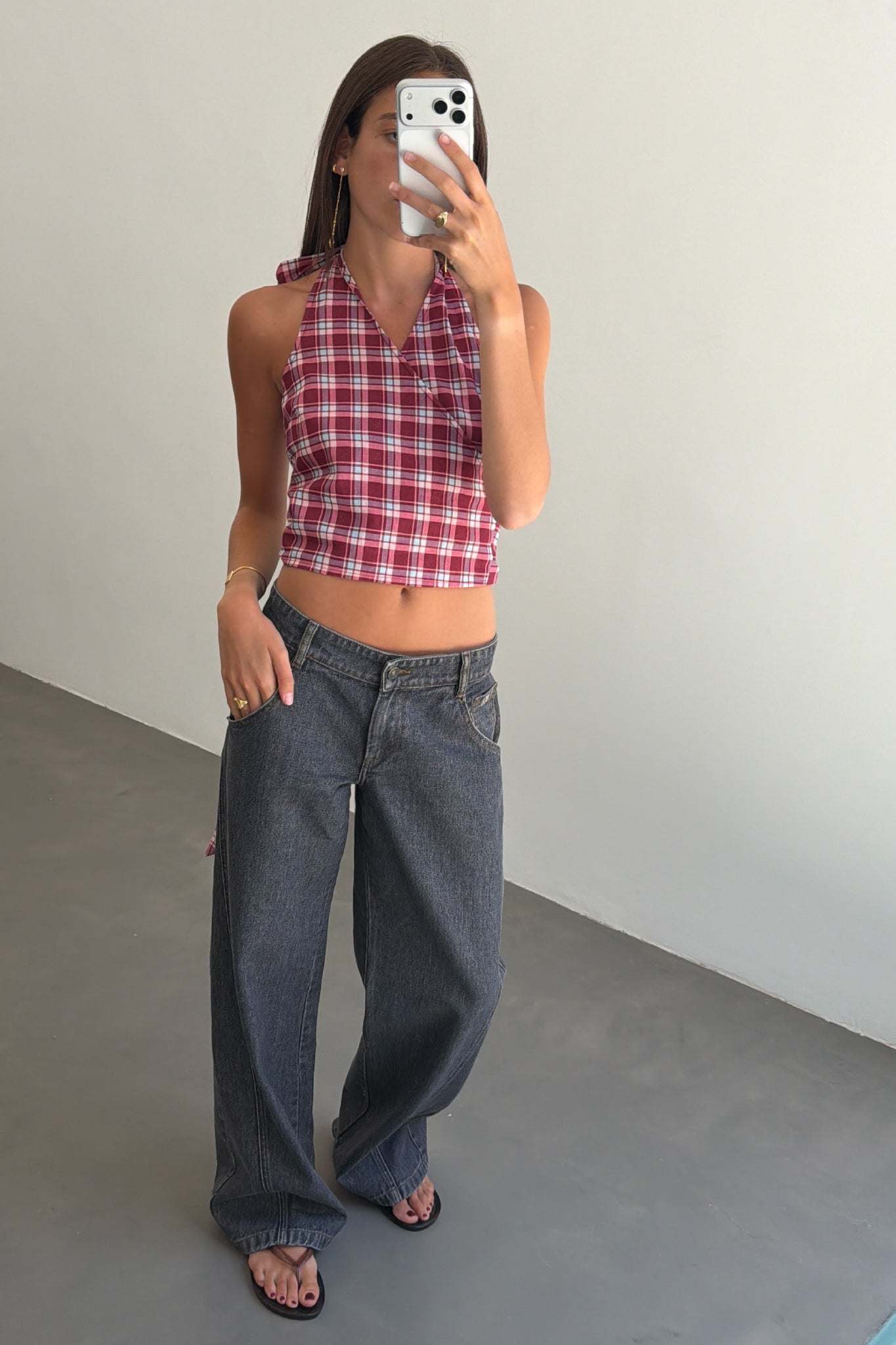 Top Halter Cuadros Granate y Rosa