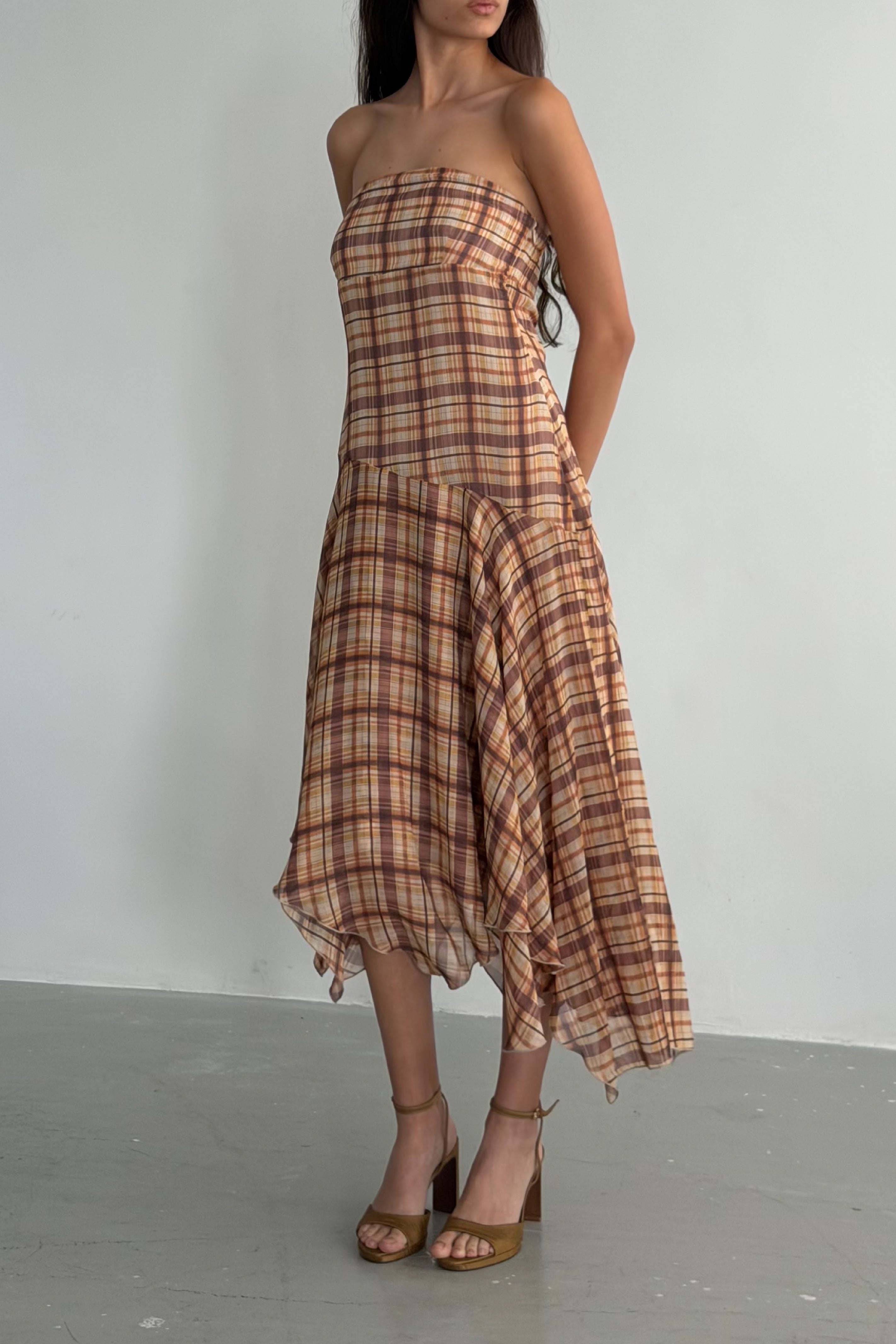 Robe bustier à carreaux jaune